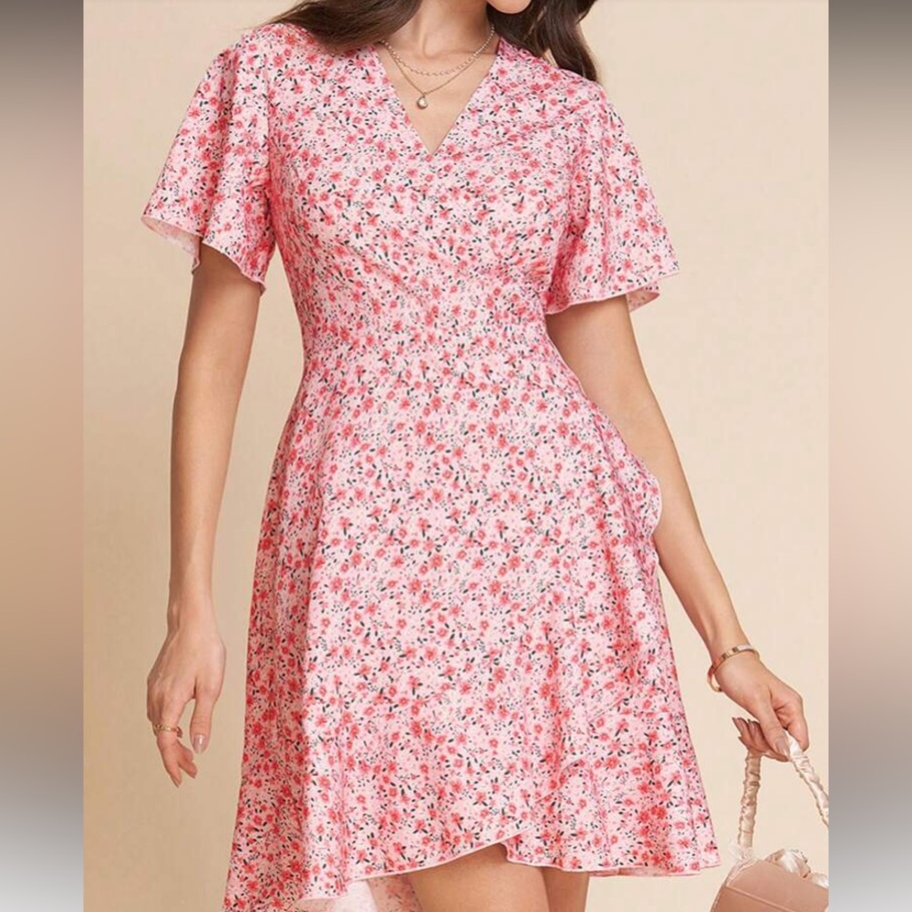 Pink. Floral Print Wrap Dresd